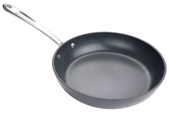 Frying pan. Ceramic nonstick pan with stainless steel handle. Fry pan for cooking. Gray ceramic coating. Free of PFAS, PFOA, lead and cadmium. Professional chef kitchenware. White isolated background