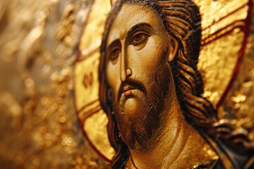 Macro of a Jesus Christ icon with a golden halo, rich in symbolism.