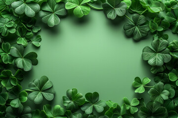 Shamrock leaves on green background. Top view with copy space.