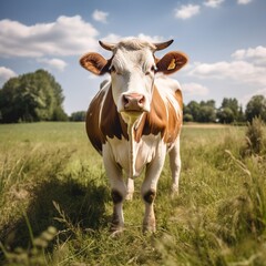 Fototapeta na wymiar Holstein cow standing in a lush green field looking at the camera