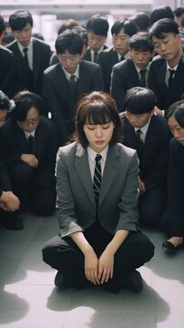 A young woman sits on the floor in a circle of men in suits