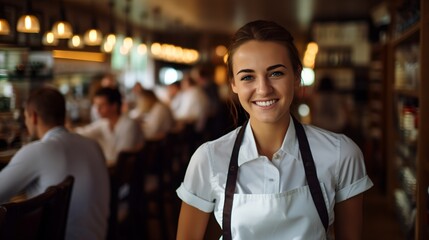 Portrait of a smiling waitress in a restaurant - obrazy, fototapety, plakaty