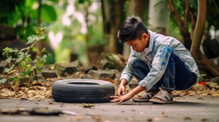 sian boy holds broken and flat wheel which is parked near narrow footpath in the park, soft and selective focus. - obrazy, fototapety, plakaty
