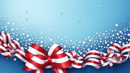 Obraz premium American flags and confetti stars on blue background. Happy Presidents Day banner with ribbon, USA Independence Day, American Labor day, Memorial Day, US election concept. realistic