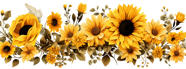 sunflowers isolated, shiny yellow sunflowers, composition yellow flowers, transparent background cutout - obrazy, fototapety, plakaty