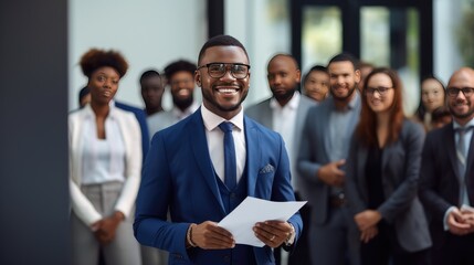 African young business man in front of a group - obrazy, fototapety, plakaty