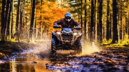 ATV in action splashing water motion blur at trail forest , extreme sports concept.