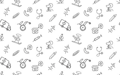 seamless pattern. doodle drawings. medical equipment. first aid items. Doodle. seamless. pattern. drawing. on a white background. beautiful background. vector.