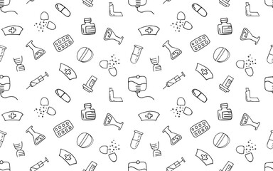 seamless pattern. doodle drawings. medical equipment. first aid items. Doodle. seamless. pattern. drawing. on a white background. beautiful background. vector.