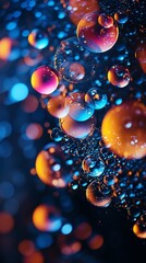 Colorful bubbles floating in a dark blue liquid