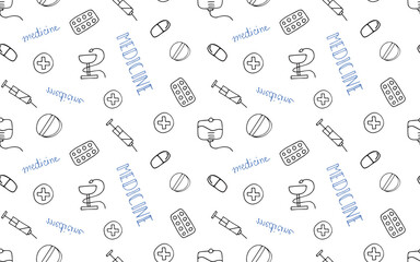 seamless pattern. doodle drawings. medical equipment. first aid items. Doodle. seamless. pattern. drawing. on a white background. beautiful background. vector.