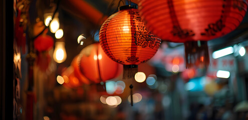Red paper lanterns at a shop in hong kong - obrazy, fototapety, plakaty
