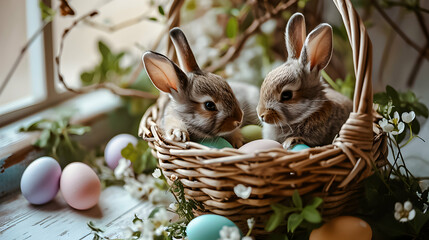 Fototapeta na wymiar Two Easter bunnies with basket of eggs.