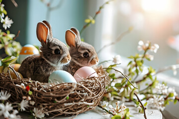 Two Easter bunnies in the basket. 