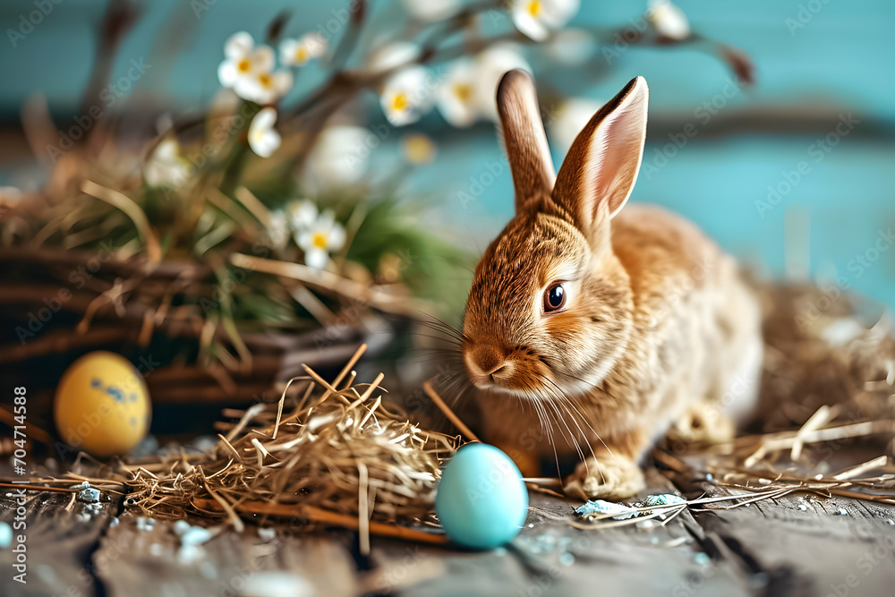 Wall mural Easter rabbit sits with eggs on the spring background.