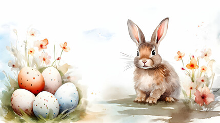 Illustration of a cute Easter bunny with easter eggs and spring flowers.