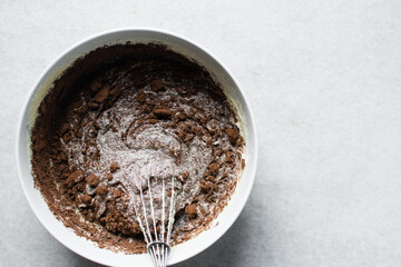 Folding cocoa powder into cake batter, process of making a chocolate cake