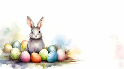 Fototapeta na wymiar Cute Easter rabbit with colourful eggs, watercolor illustration.