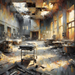 Impressionistic illustration of the interior of a bombed hospital.