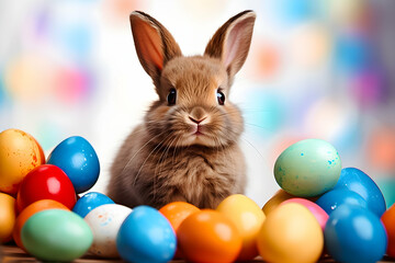 Fototapeta na wymiar Adorable easter bunny and colourful easter eggs.
