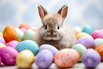 Fototapeta na wymiar Cute little Easter bunny sitting on colourful easter eggs.