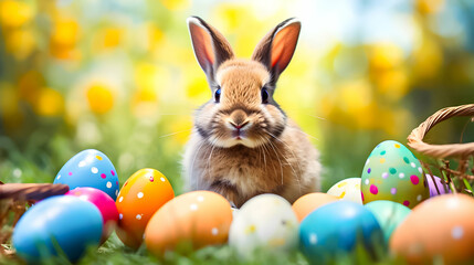 Fototapeta na wymiar Cute little Easter bunny and easter eggs on the garden.