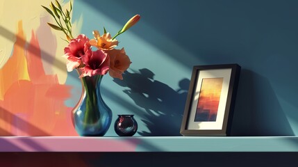 a vase with flowers and a picture frame on a table