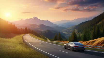 Car driving through a mountain pass at sunset