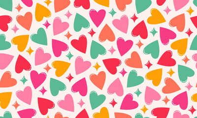 Seamless vector pattern of colourful hearts in bright vibrant colours on light background. Valentine's day, birthday pattern design for wrapping paper, paper bags, wallpaper. - 704714980