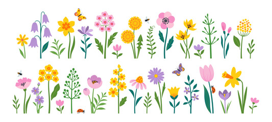 Vector set of spring Easter flowers and insects in flat style isolated on white background.  - obrazy, fototapety, plakaty