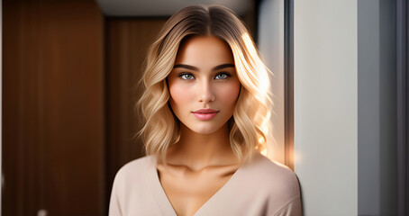 Naklejka premium Beauty female face. Beautiful brunette woman, portrait close up. Portrait of Beauty woman with blue eyes. Beauty face. Fashion Beauty face. Sexy model girl with curly hairstyle. Woman face close up.
