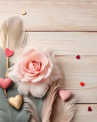 Valentines' day background with colorful feathers and hearts on wooden background, top view. Space for text