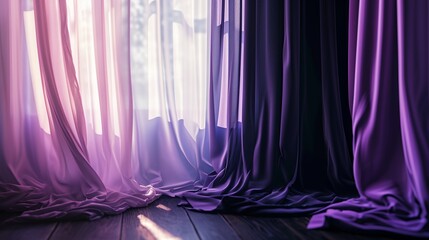 a room with a window covered in purple curtains