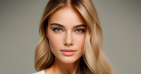 Fototapeta premium Young attractive woman. Beautiful woman, portrait close up. Gorgeous woman with blue eyes, perfect skin, plump lips. Beauty face. Fashion portrait. Beauty model girl with curly hairstyle.