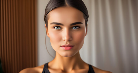 Naklejka premium Female face. Beautiful brunette woman, portrait close up. Face of sensual woman with blue eyes. Beauty face. Fashion Beauty faces. Model girl with curly hairstyle. Woman face close up.