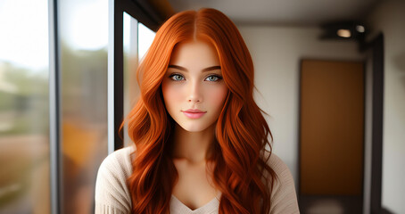 Fototapeta premium Beautiful ginger girl, closeup face. Beautiful brunette woman, portrait closeup. Face of young woman with blue eyes and red hair. Beauty face. Model girl with curly hairstyle. Woman face close up.