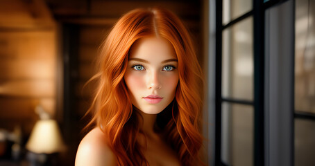 Fototapeta na wymiar Beautiful ginger girl, closeup face. Beautiful brunette woman, portrait closeup. Face of young woman with blue eyes and red hair. Beauty face. Model girl with curly hairstyle. Woman face close up.