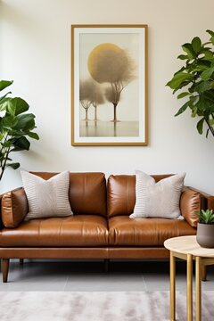 Brown leather couch in a modern living room with a framed painting of trees and a round mirror