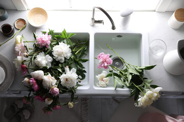 Bunch of beautiful peonies in kitchen sink, above view
