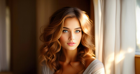 Attractive woman. Beautiful woman, portrait close up. Gorgeous woman with blue eyes, perfect skin, plump lips. Beauty face. Fashion portrait. Beauty model girl with curly hairstyle. Sexy Woman.