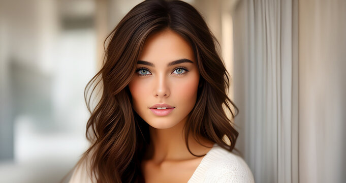 Beauty female face. Beautiful brunette woman, portrait close up. Portrait of Beauty woman with blue eyes. Beauty face. Fashion Beauty face. Female model girl with curly hairstyle. Woman face close up.