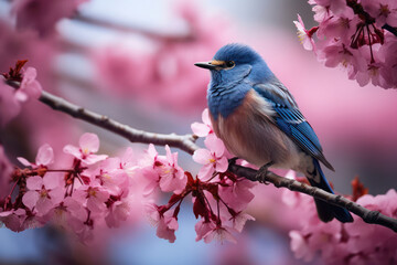 Obraz premium Soft Songbird's Eye: Clear Blue Feather in Fresh Morning Sakura Blossom Garden