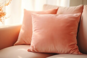 Pillow in trendy color Peach Fuzz. Background with selective focus and copy space