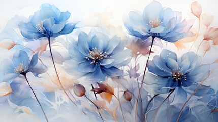Blue flowers painted in watercolor