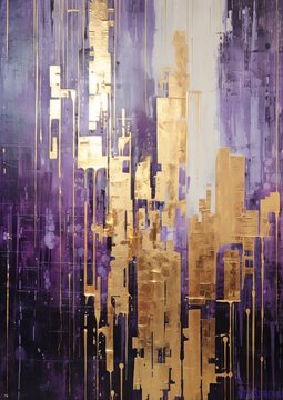 An abstract cityscape with purple and metallic gold. 