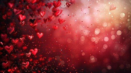 red valentines day heart particles and sprinkles for a holiday celebration on 14th february 2024. shiny red lights. wallpaper background for ads or gifts wrap and web design and banners cards - obrazy, fototapety, plakaty