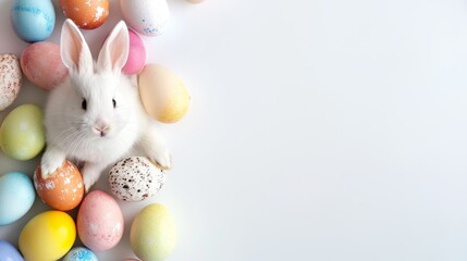Naklejka na ściany i meble cute easter bunny sitting with colored easter eggs in the left side corner. blank white wallpaper background with empty copy space for ads, cards, banners. 16:9
