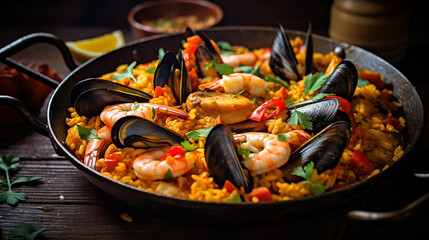 spanish seafood paella closeup view on wooden table