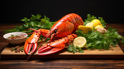 steamed red lobster on a wooden cutting board with parsley