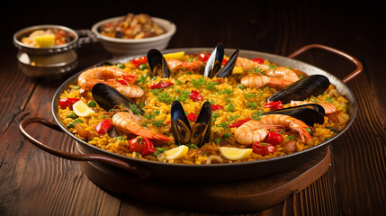 traditional seafood paella with seafood and chicken